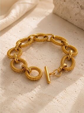 Textured Gold tone Link Toggle Bracelet